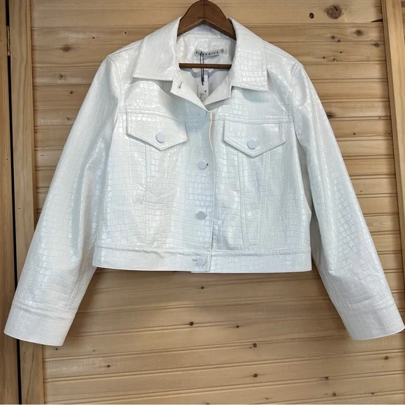 Alice + Olivia Chloe White Croc-Effect Faux Leather Crop Jacket Size XL NWT - Picture 8 of 16